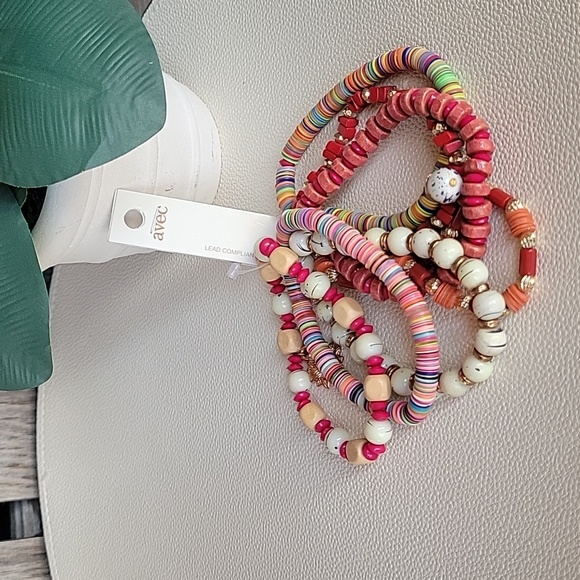 AVEC Colorful Red & Gold Tones Stretchy Beaded Bracelet Set of 7 - Picture 3 of 10